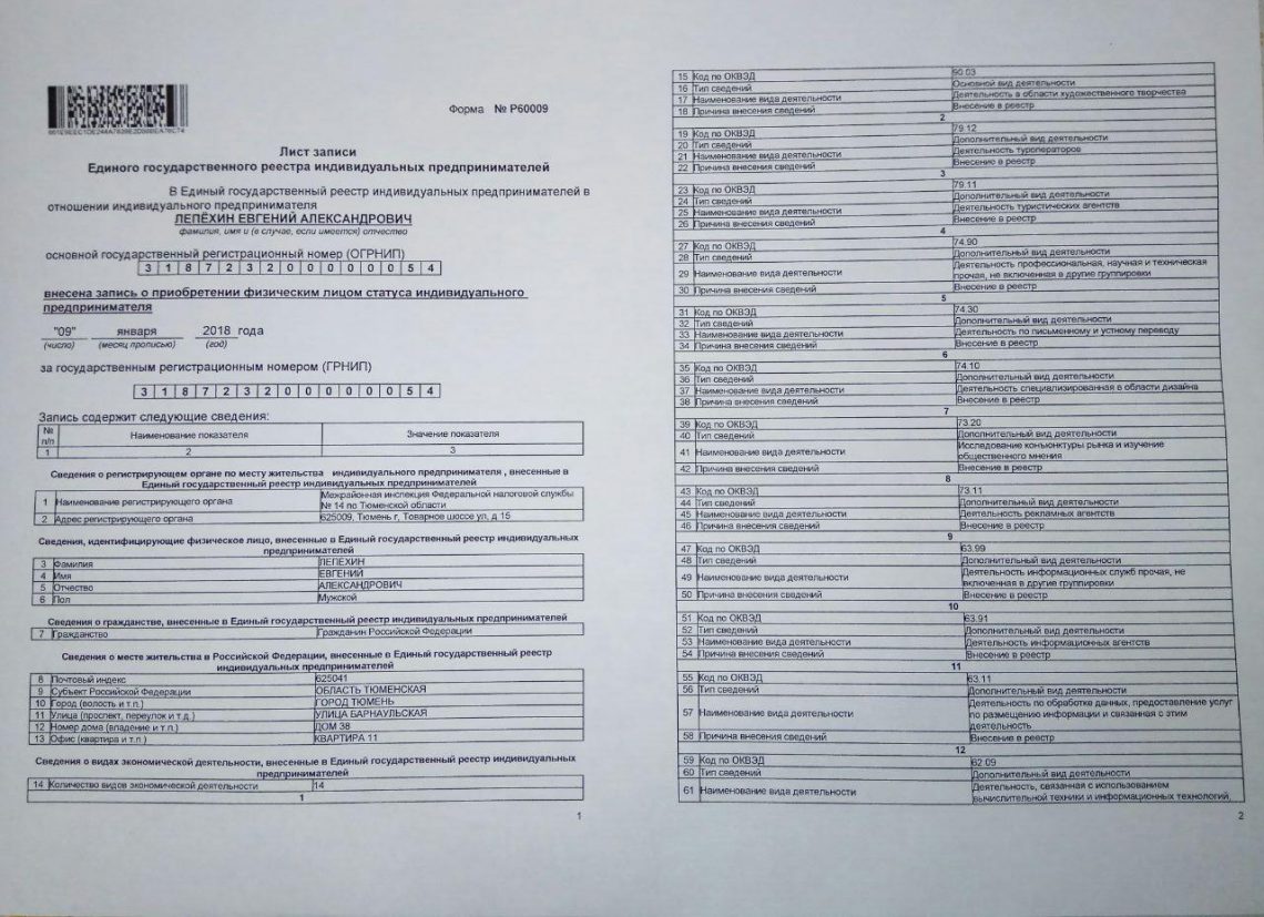 Получить выписку огрнип. Лист записи ЕГРИП.